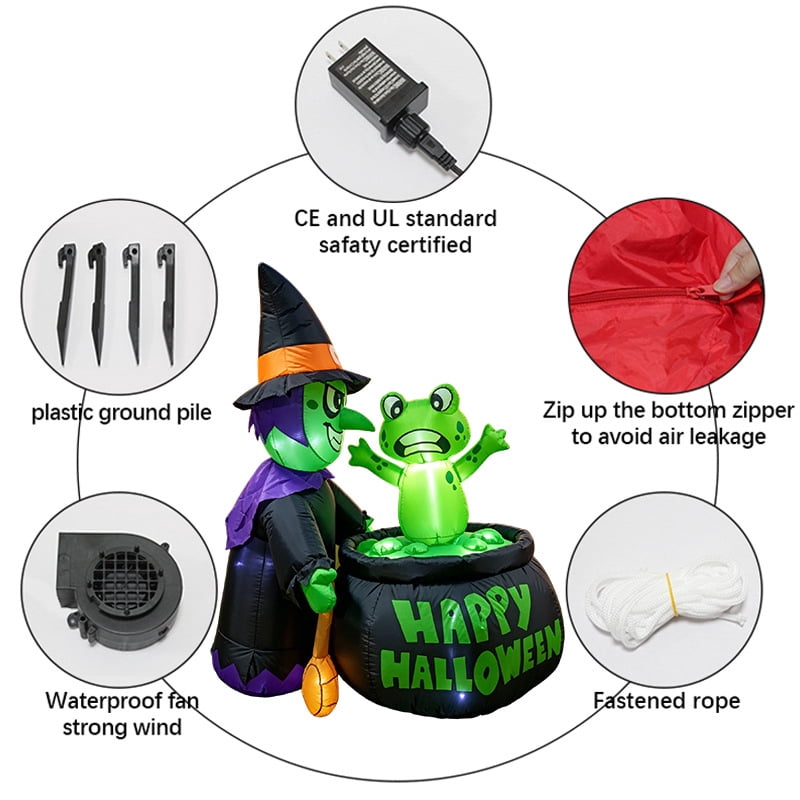 5 Ft Halloween Inflatable Witch and Cauldron Decoration with Green Frog, Inflatable Yard Decor Blow Up with Build-in LEDs Lights for Haunted House Indoor Outdoor Decor,Spooky Witch Cauldron Decor