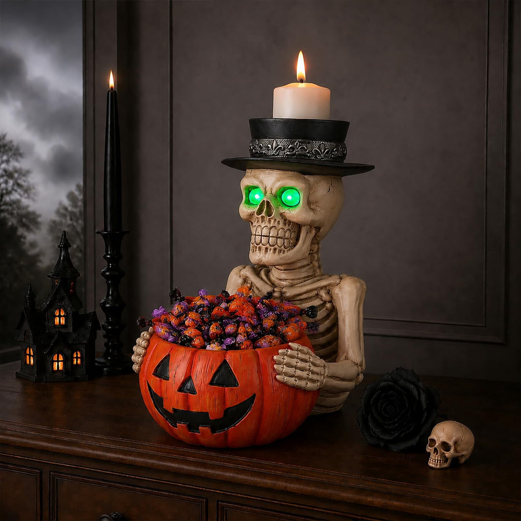 Halloween Ghost Statue with LED Glowing Eyes, Resin Ghost Figurine Tabletop Decor for Indoor Home, Mantel, Shelf, Entryway and Halloween Party Display