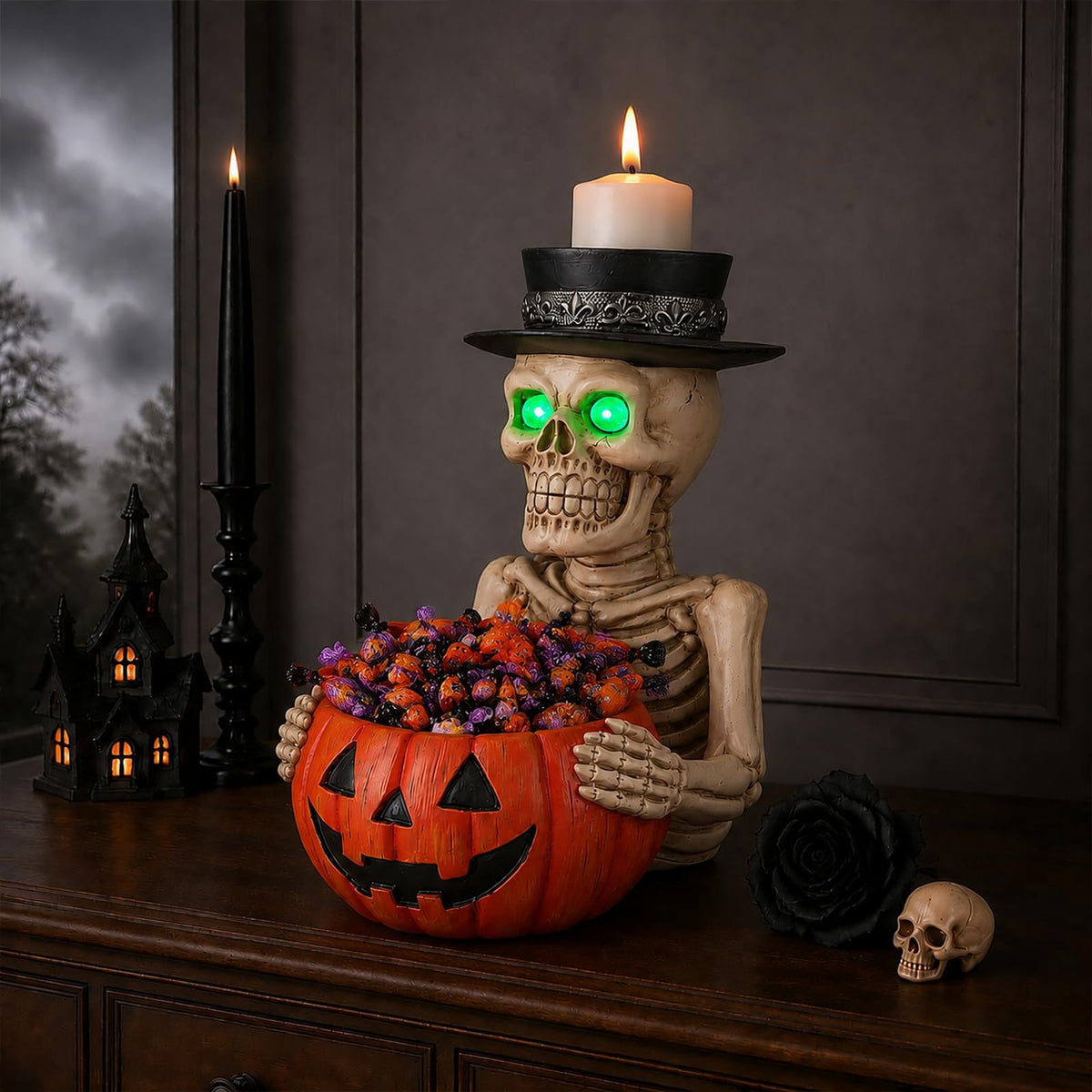 Halloween Ghost Statue with LED Glowing Eyes, Resin Ghost Figurine Tabletop Decor for Indoor Home, Mantel, Shelf, Entryway and Halloween Party Display