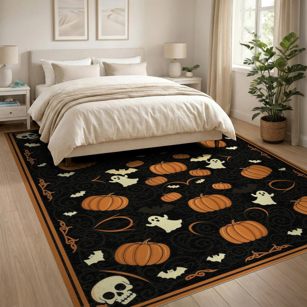 ODIKA Retro Halloween Welcome Featuring Ghosts Pumpkins Bats Skulls Non-Slip Flatwoven for Living Room, Under Sectional, Family