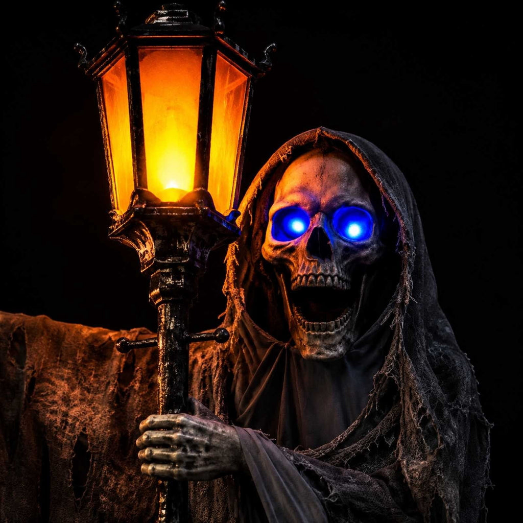 Outdoor Halloween Decorations Gaslight Ghoul, 79" Tall Hanging Skeleton Holding Street Light with Creepy Blue Eyes, Tattered Robe Ghost Decor for Yard Patio Walkway, Front Porch, Road