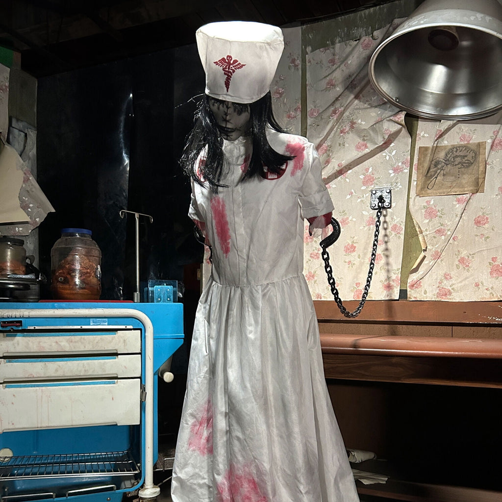 Haunted Hill Farm Life-Size Animatronic Convulsing Nurse by Tekky Halloween Decoration, 5.2-Ft.