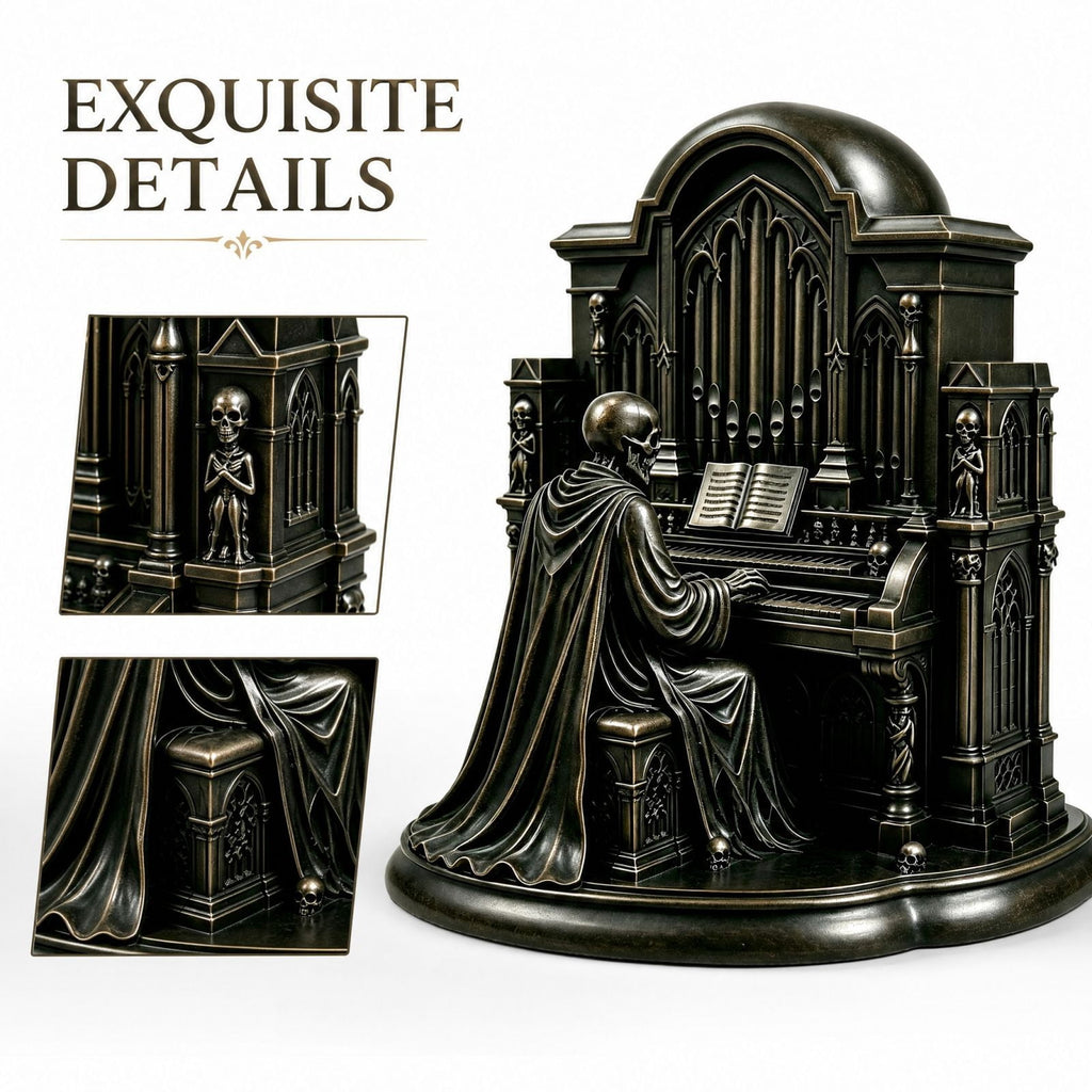 Halloween Gothic Skeleton Pipe Organ Statue with LED Light, Spooky Cathedral Figurine for Home Decor