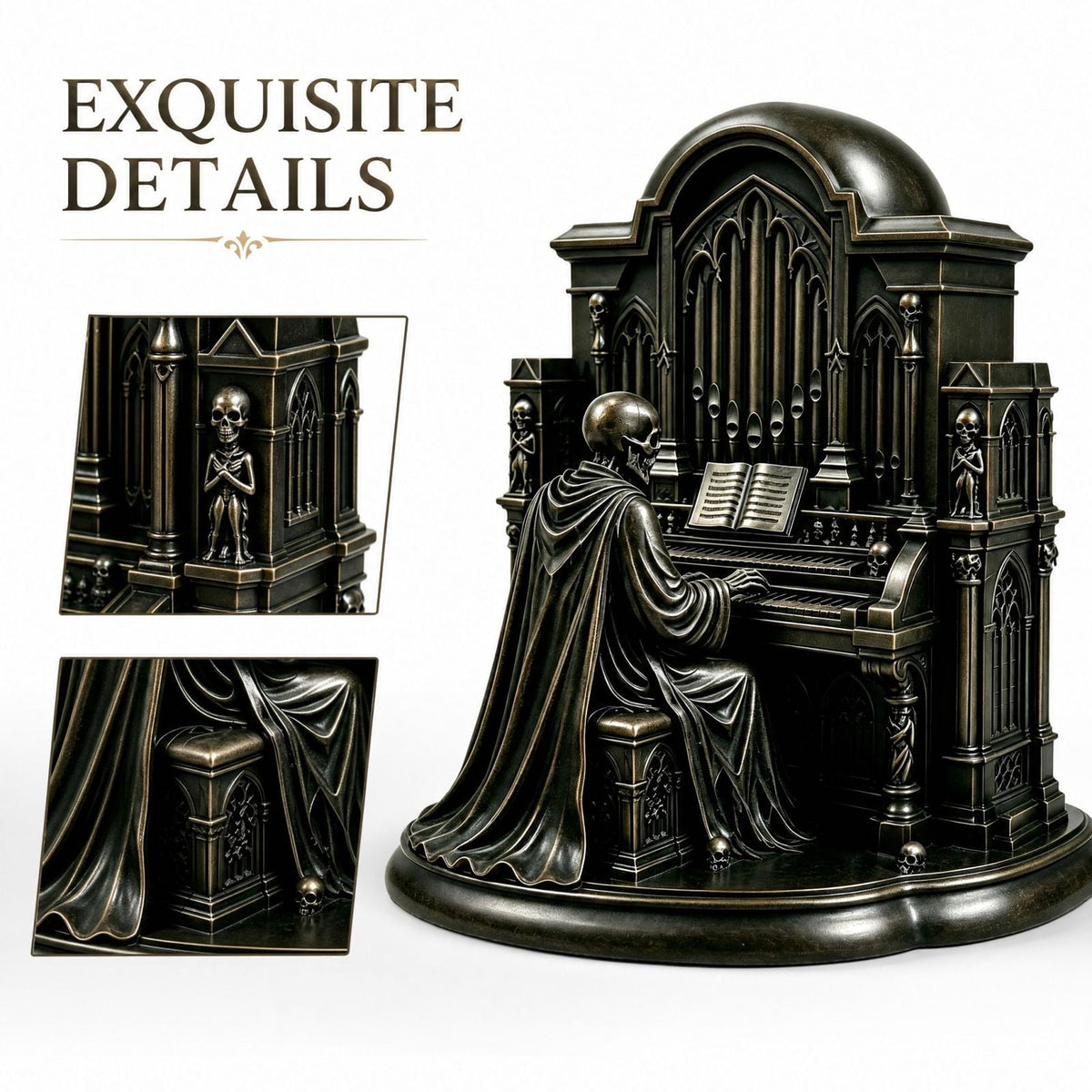 Halloween Gothic Skeleton Pipe Organ Statue with LED Light, Spooky Cathedral Figurine for Home Decor
