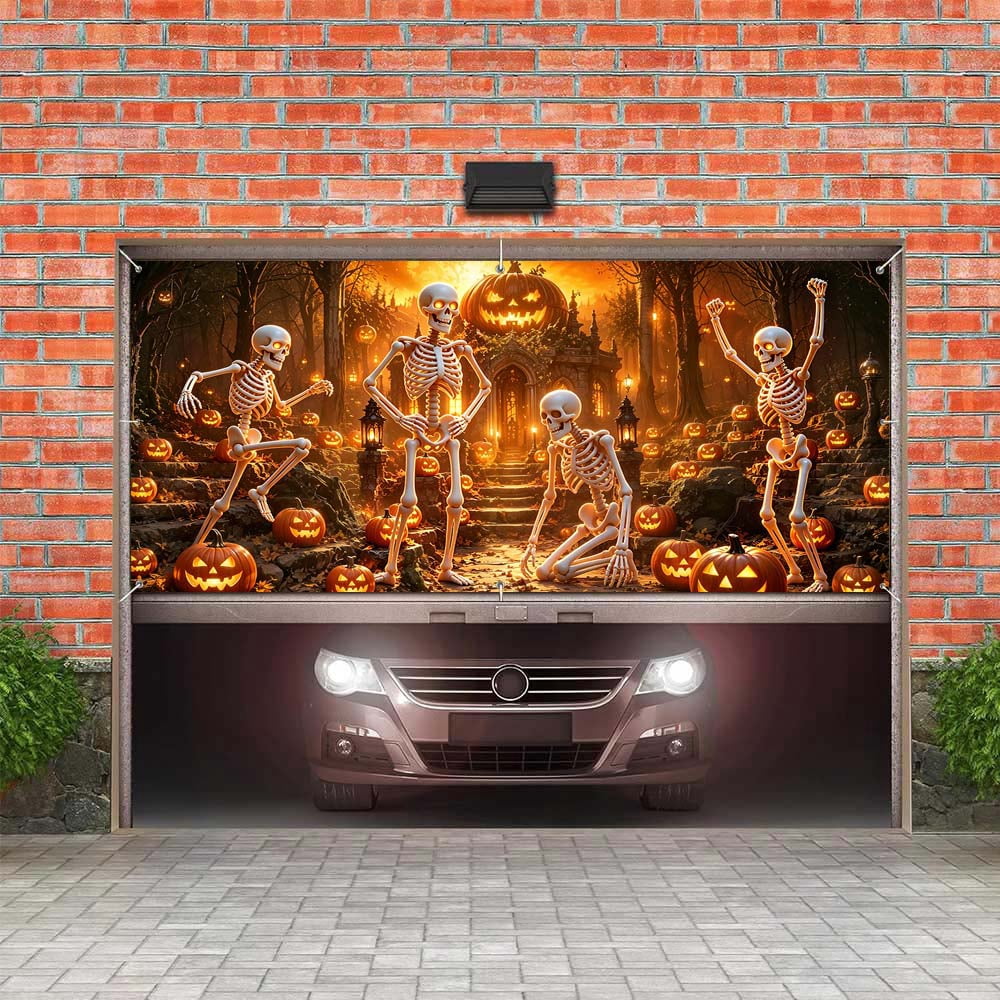 16X7ft Halloween Garage Door Cover Decorations, Spooky Skeletons Pumpkin Large Garage Wall Backdrop Hanging Banner for Halloween Yard Indoor Outdoor Party Decor