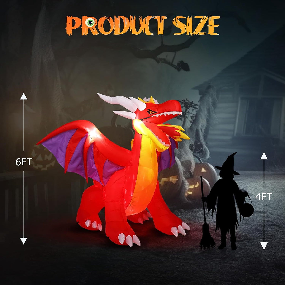 JOYMOR 6FT Tall Halloween Inflatables Outdoor Decorations, Blow Up Scary Fire-Breathing Dragon Halloween Yard Decorations, Built-in LED Lights Décor for Indoor Home Party Garden Lawn Store