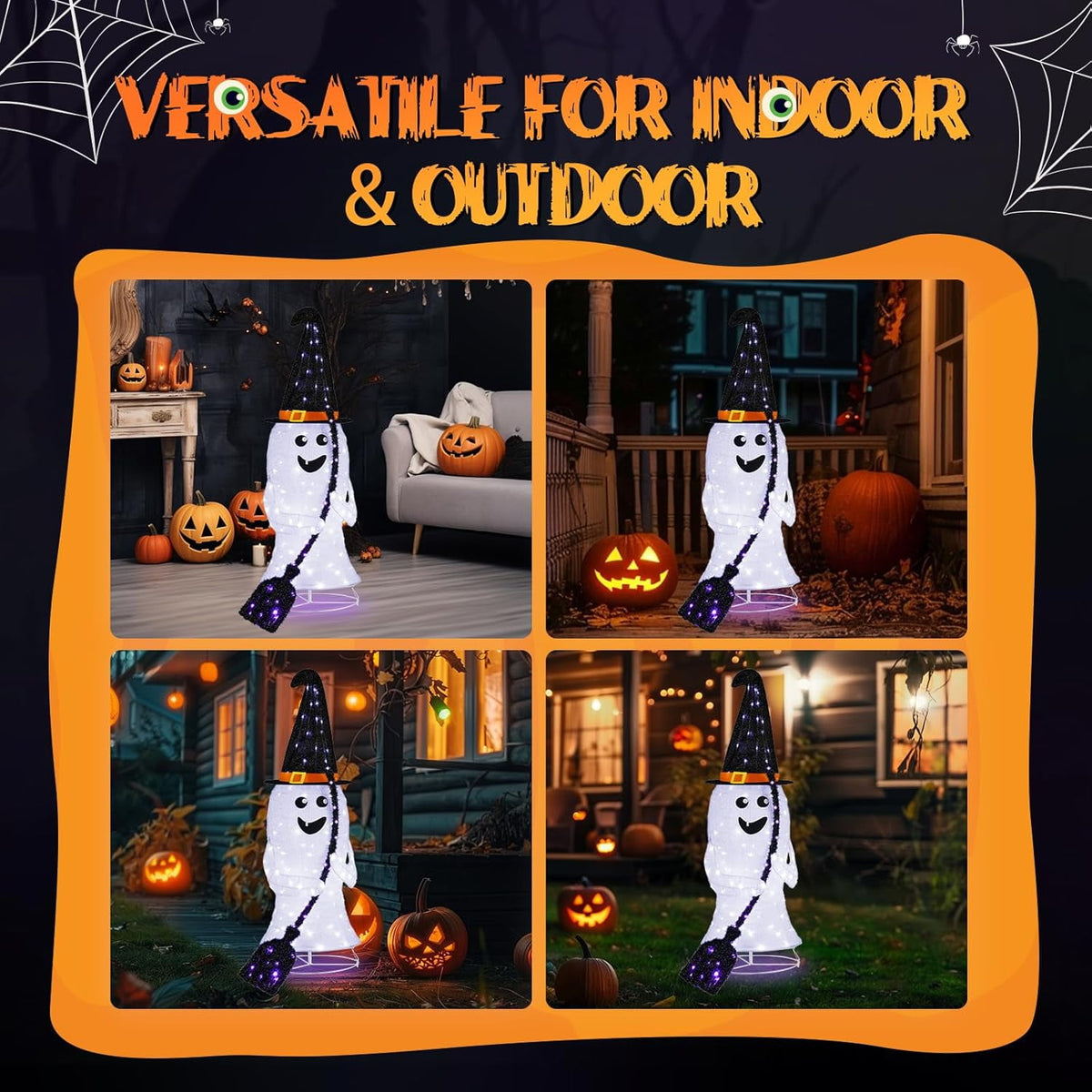 VINGLI 4FT Scary Lighted Halloween Decorations Outdoor, Pop Up Halloween Ghost Decorations, Light Up Ghost Decor with Pre-lit 135 LEDs, Cute Broom, Black Hat for Porch Yard Lawn Patio