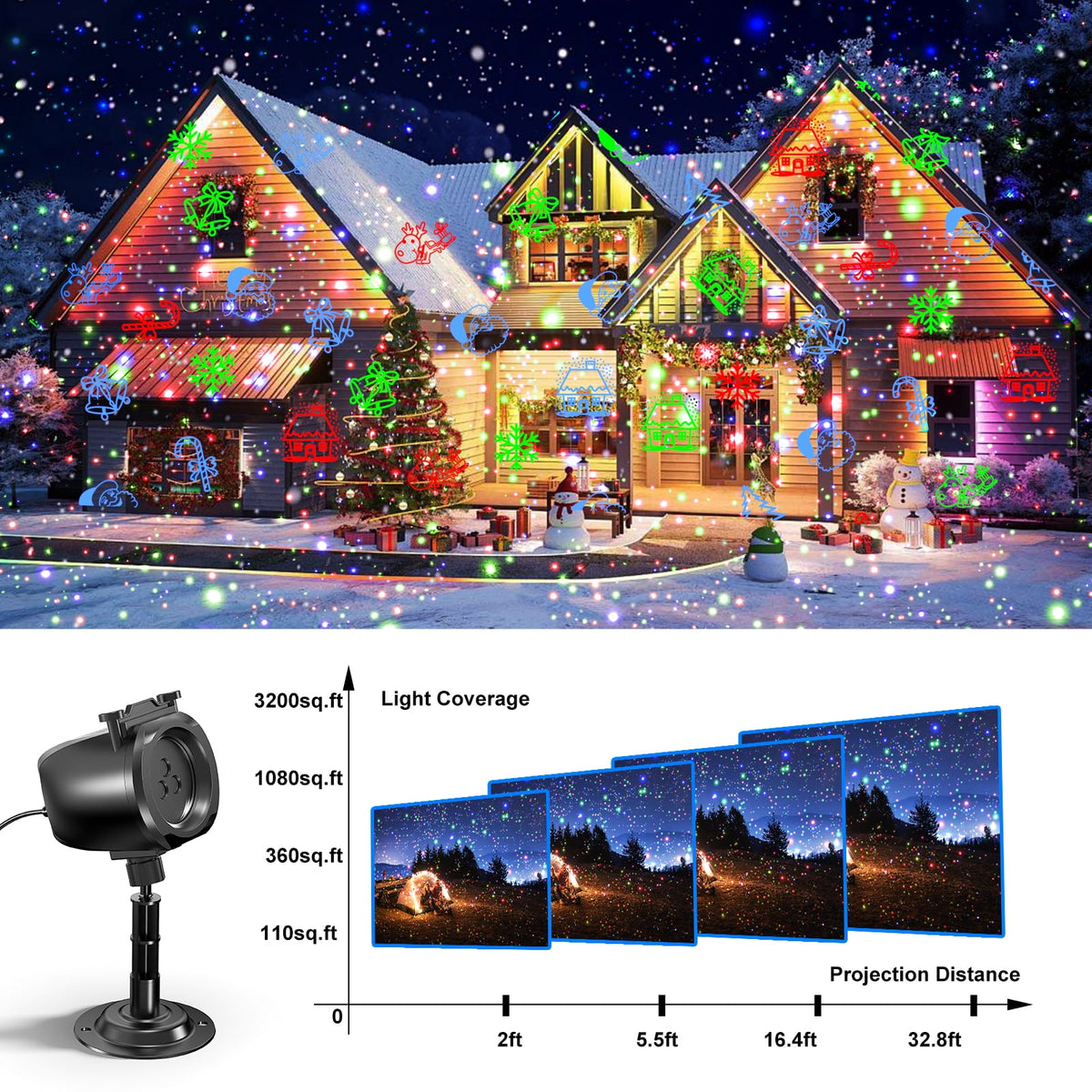 Christmas Laser Projector Lights Outdoor – RGB 3 Color Laser Light with 24 Patterns, IP65 Waterproof Starry Firefly Light Show for Garden Yard Holiday Party & Year-Round Decor