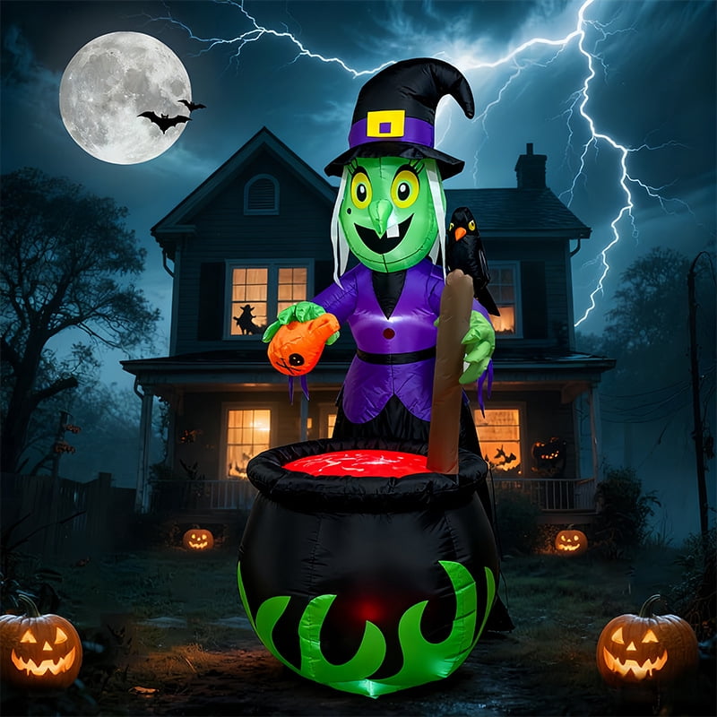 6 FT Halloween Inflatables Witch with Cauldron Outdoor Decoration, Blow Up Witch with Build-in LED Lights, Halloween Blow Ups Yard Decorations for Outside Vacation Lawn Porch Holiday Decor