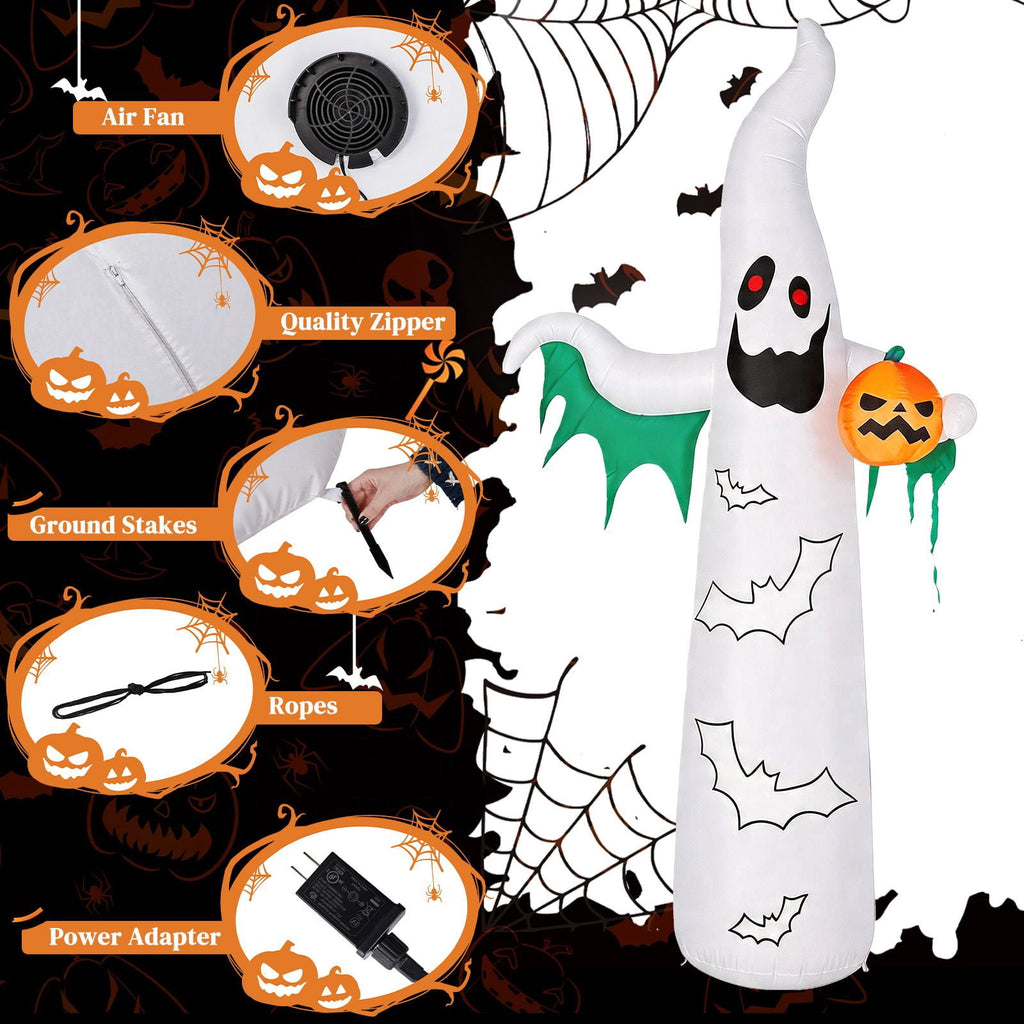 12FT Inflatable Ghost and Bat with 4 LED Lights 82 String Lights Flashing Halloween Yard Decor