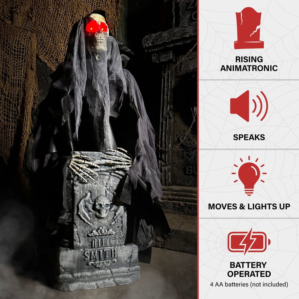 Haunted Hill Farm 3.0-Ft. Touch-Activated Rising Reaper with Tombstone Halloween Accessory