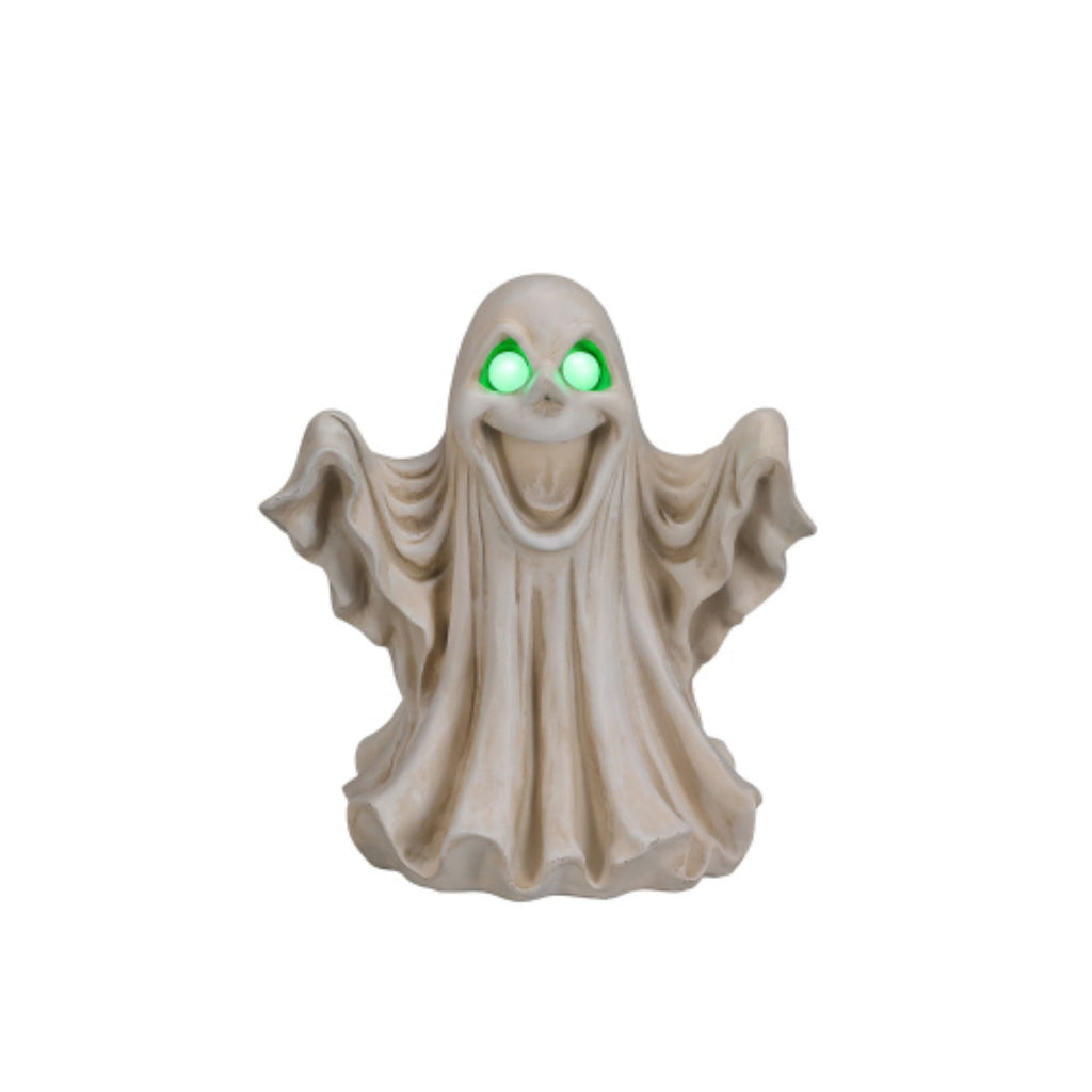 SpookHaven Halloween Ghost Resin Figurine, Light‑Up Ghost Statue with LED Glowing Green Eyes for Spooky Tabletop & Haunted House Party Decor