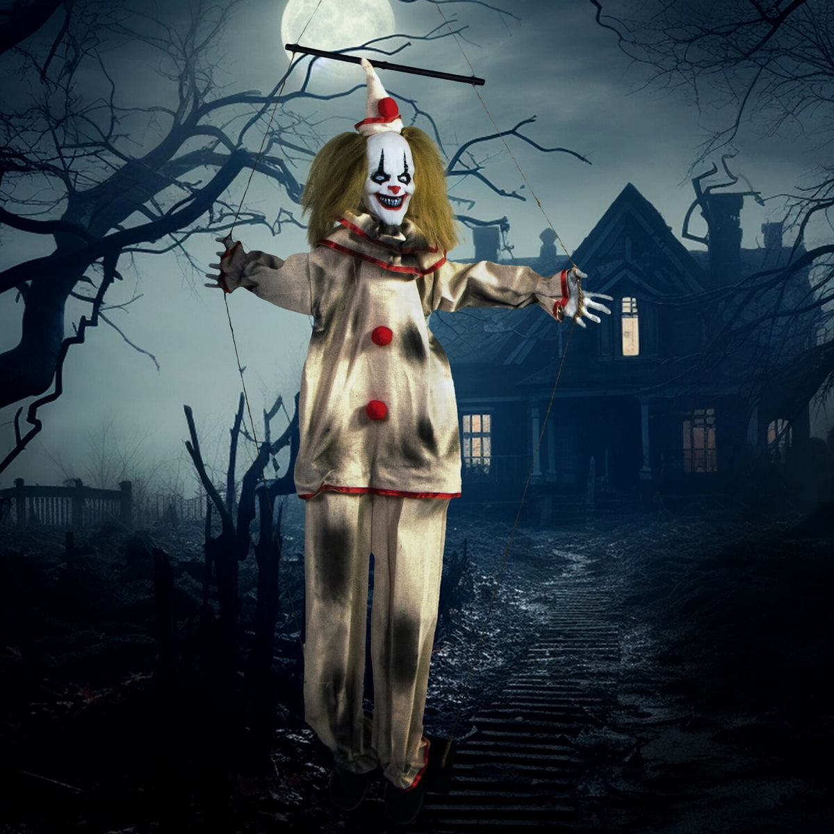 Haunted Hill Farm Animatronic 4.6-Ft. Swinging Clown with Lights and Sound, Indoor or Covered Outdoor Halloween Decoration