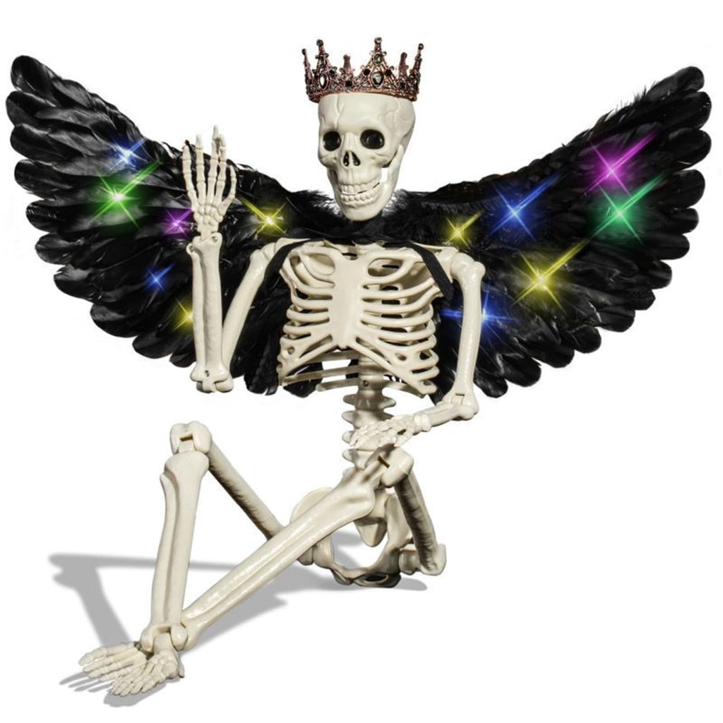 Yujia Halloween 36" Hanging Posable Human Skeleton with LED Wings and Crown, Articulated Full Body Prop for Haunted House, Party, Yard, Home Interior Display