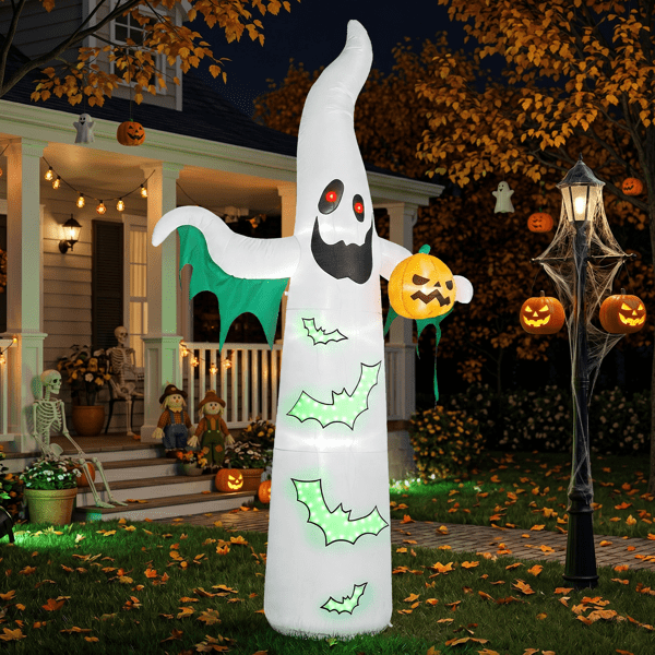 Alvantor 11.8 ft Ghost Halloween Inflatable with Pumpkin, 4 LED Lights and 82-Light Flashing Bat String, White and Green