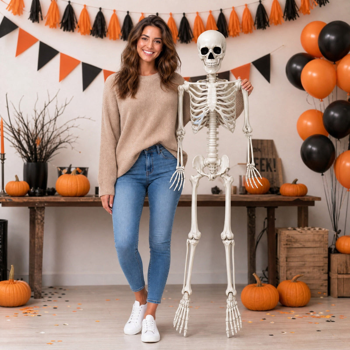 ShengapQ Realistic Simulation Halloween Skeleton Prop, Plastic Full Body Posable Skeleton Decoration, Spooky Indoor Outdoor Yard Party Ornament, Perfect for House, Graveyard and Haunted Scene
