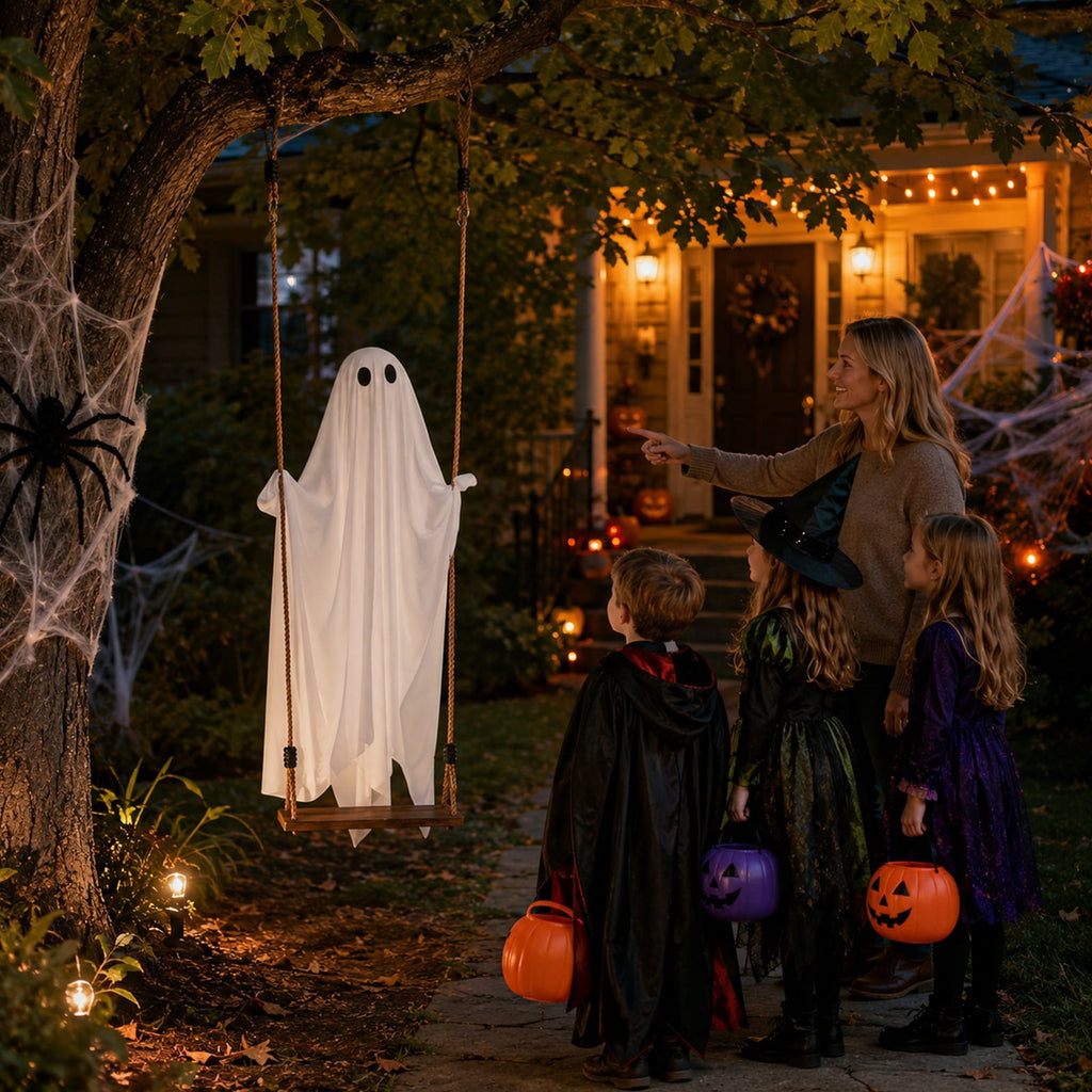 6FT Halloween Hanging Swing Ghost with Remote Control and Lights, People Can Sit On, Halloween Decorations Outdoor, Scary Ghost Halloween Party Decor Outside for Tree Porch Yard Garden Lawn
