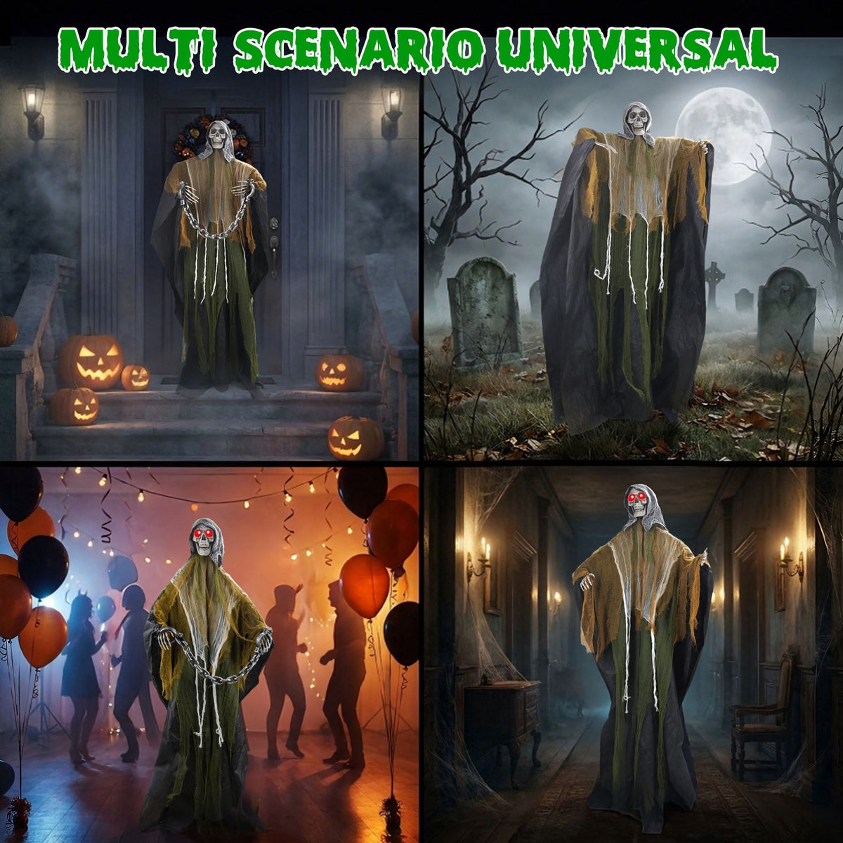 Magotan 6ft Halloween Outdoor Skeleton Ghost Decorations, Sound Controlled Swinging Scary Skeleton Ghost Halloween Decoration for Outdoor Garden Porch Yard Decor,Green