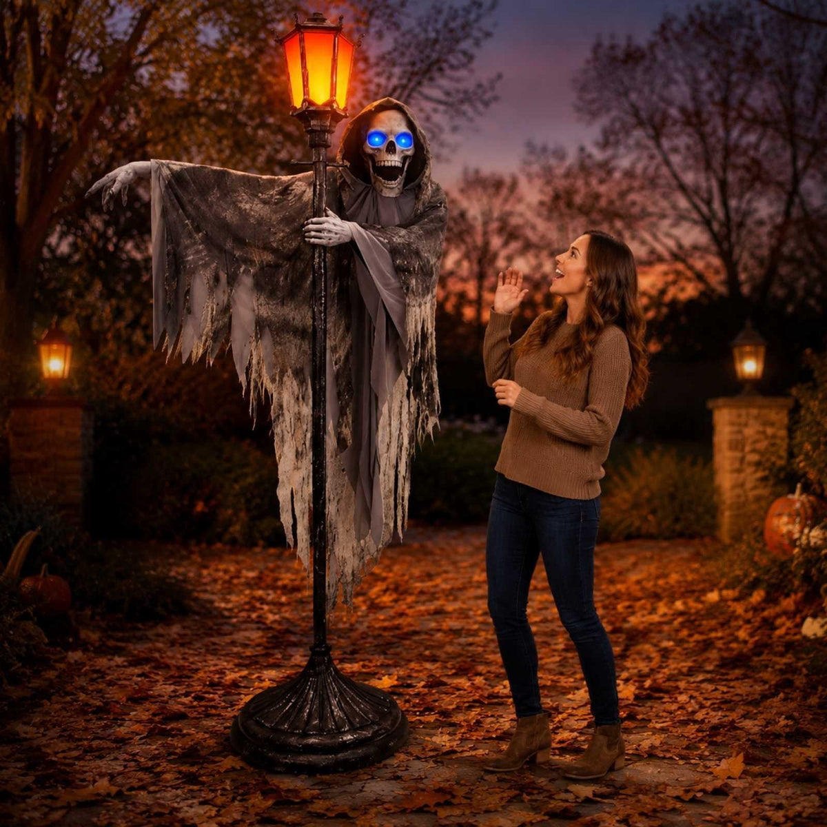 Halloween Light Up Grim Reaper Street Lamp, Extreme Large Standing Skeleton With Glowing Blue Eyes & Rob For Halloween Party Outdoor Front Porch Yard Entryway Decoration
