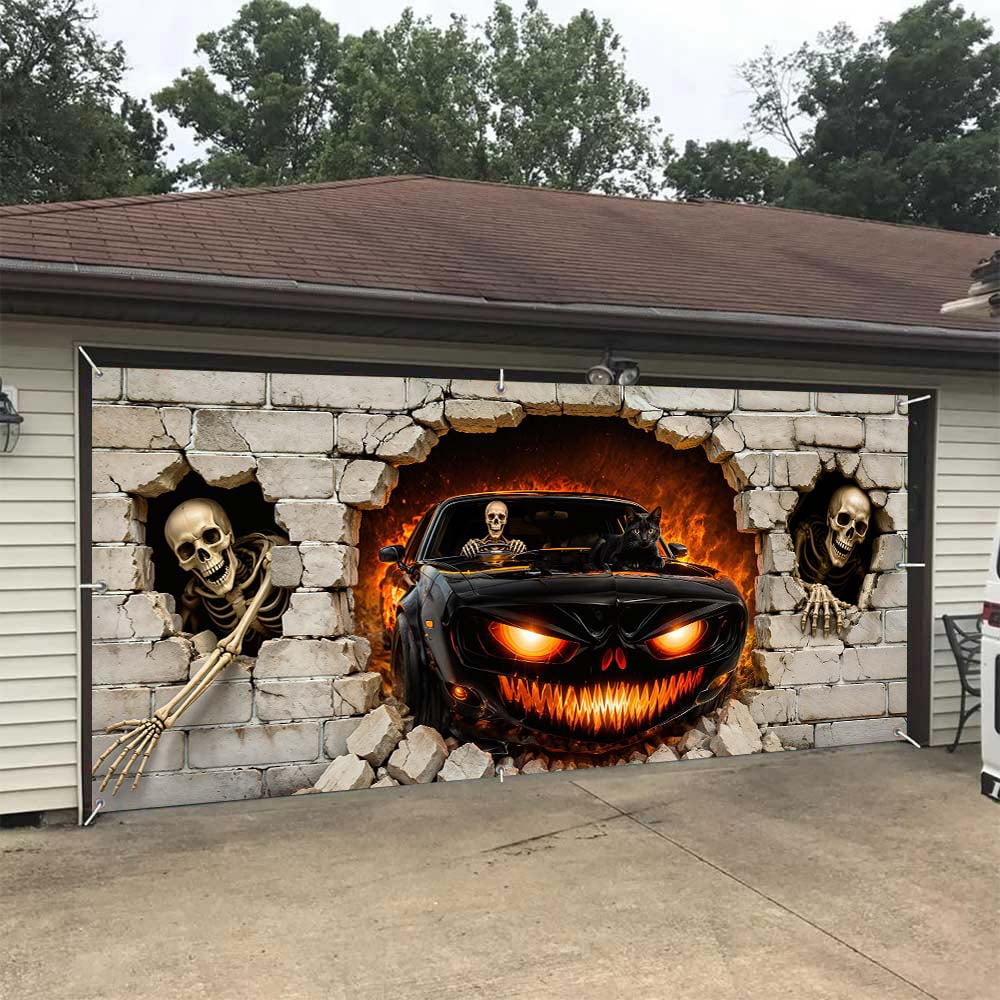 16X7ft Halloween Garage Door Cover Decorations, Spooky Skeletons Pumpkin Large Garage Wall Backdrop Hanging Banner for Halloween Yard Indoor Outdoor Party Decor