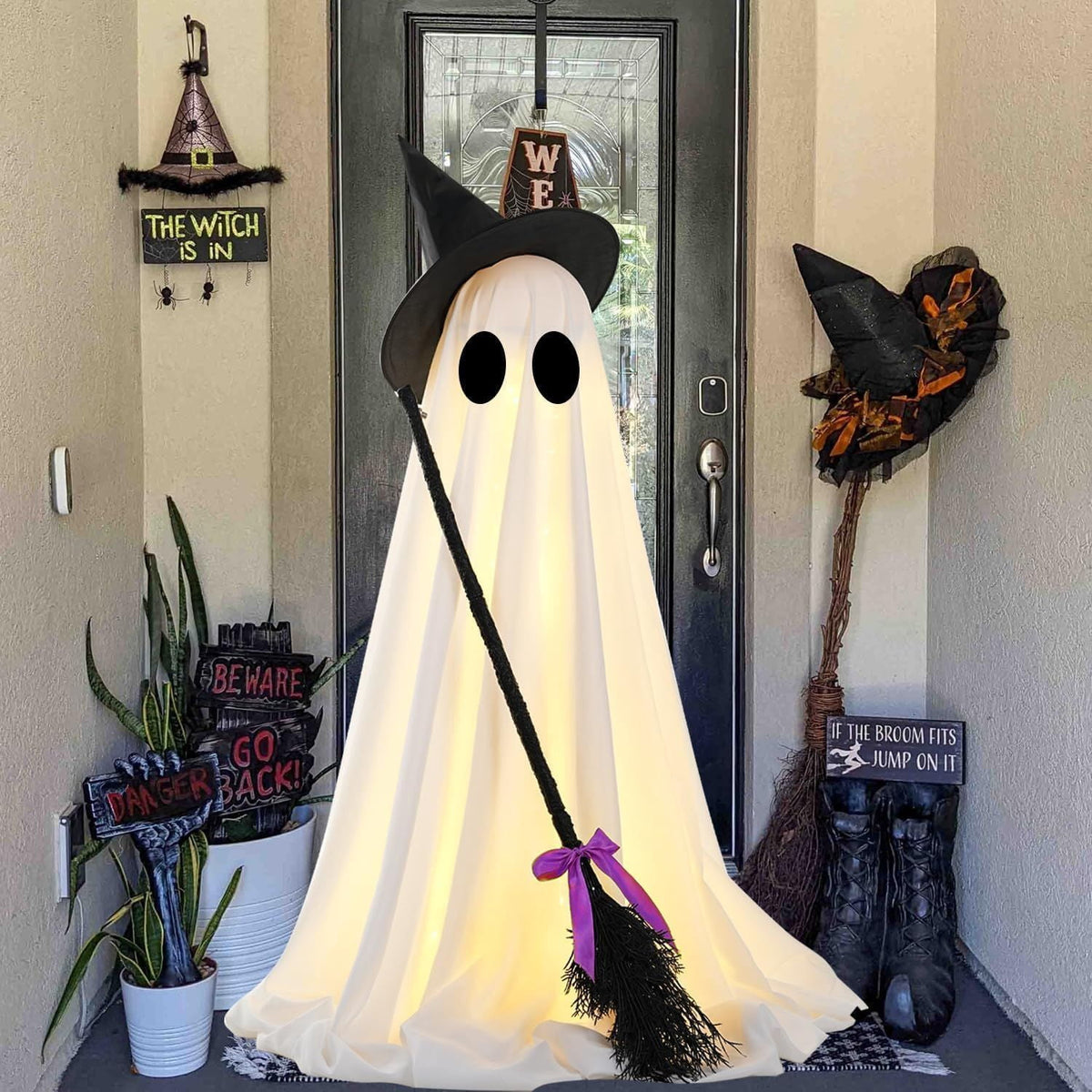 LED Light Up Ghost Decoration with Witch Broom and Timer for Halloween