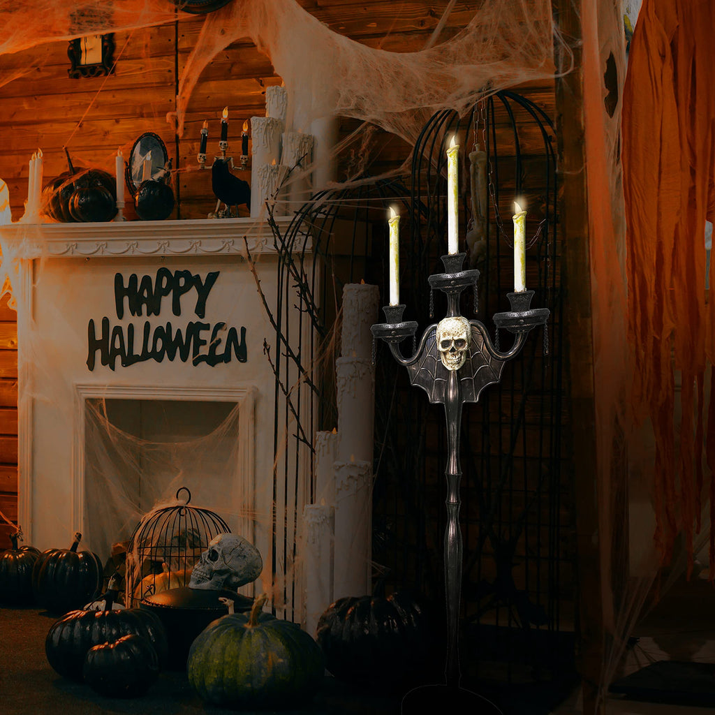 Skeleteen Animated Halloween Candelabra Decoration - Creepy Gothic Haunted Mansion Black Skull Floating Candle Holder Party Decorations Prop