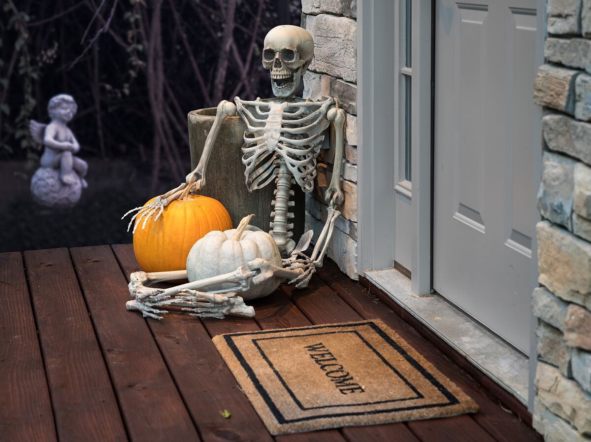 OZMI 5' 4" Tall Halloween Skeleton Decoration for Haunted House, 63 Inch Plastic Life Size Skull Skeleton for Halloween Party Haunted House Bar Yard Graveyard Decorations Party Supplies