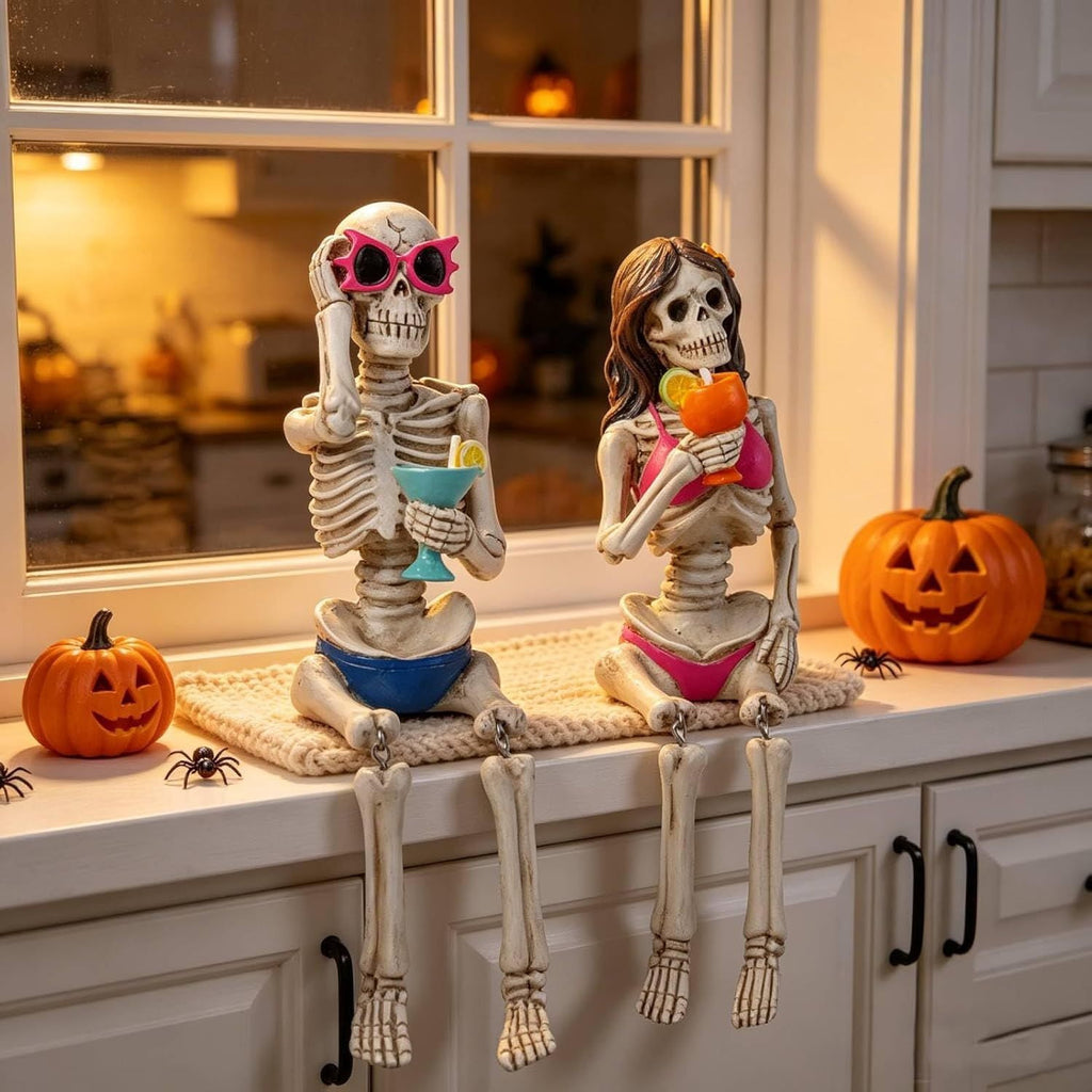 Halloween Skeleton Statue in Bikini Sunglasses for Summer and Spooky Decor