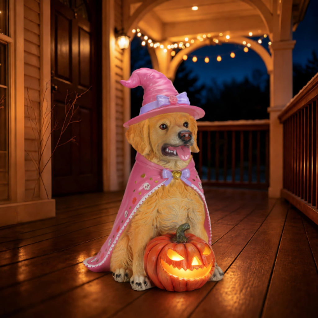 SpookHaven Halloween Jack‑O‑Lantern Pumpkin Mist Sprayer Figurine, LED Light‑Up Fogger with Witch Hat & Skull Decoration, Spooky Ornament for Tabletop Entryway Halloween Party Home Decor