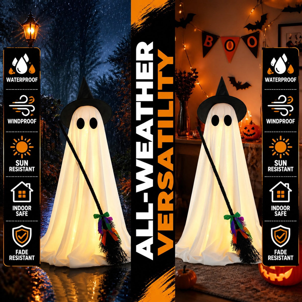 Standing Light Up Ghost with Witch Broom 40 In White 1 Pack