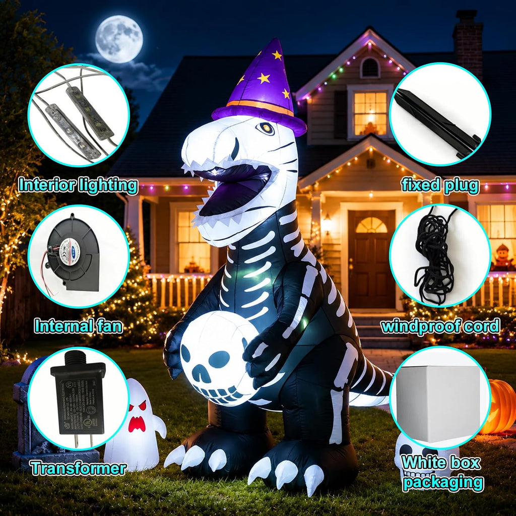 7.9 FT Halloween Inflatable Skeleton Dinosaur Outdoor Decoration, Giant Black and White Dino Yard Decor with LED Light for Lawn, Porch, Party, Haunted House Display