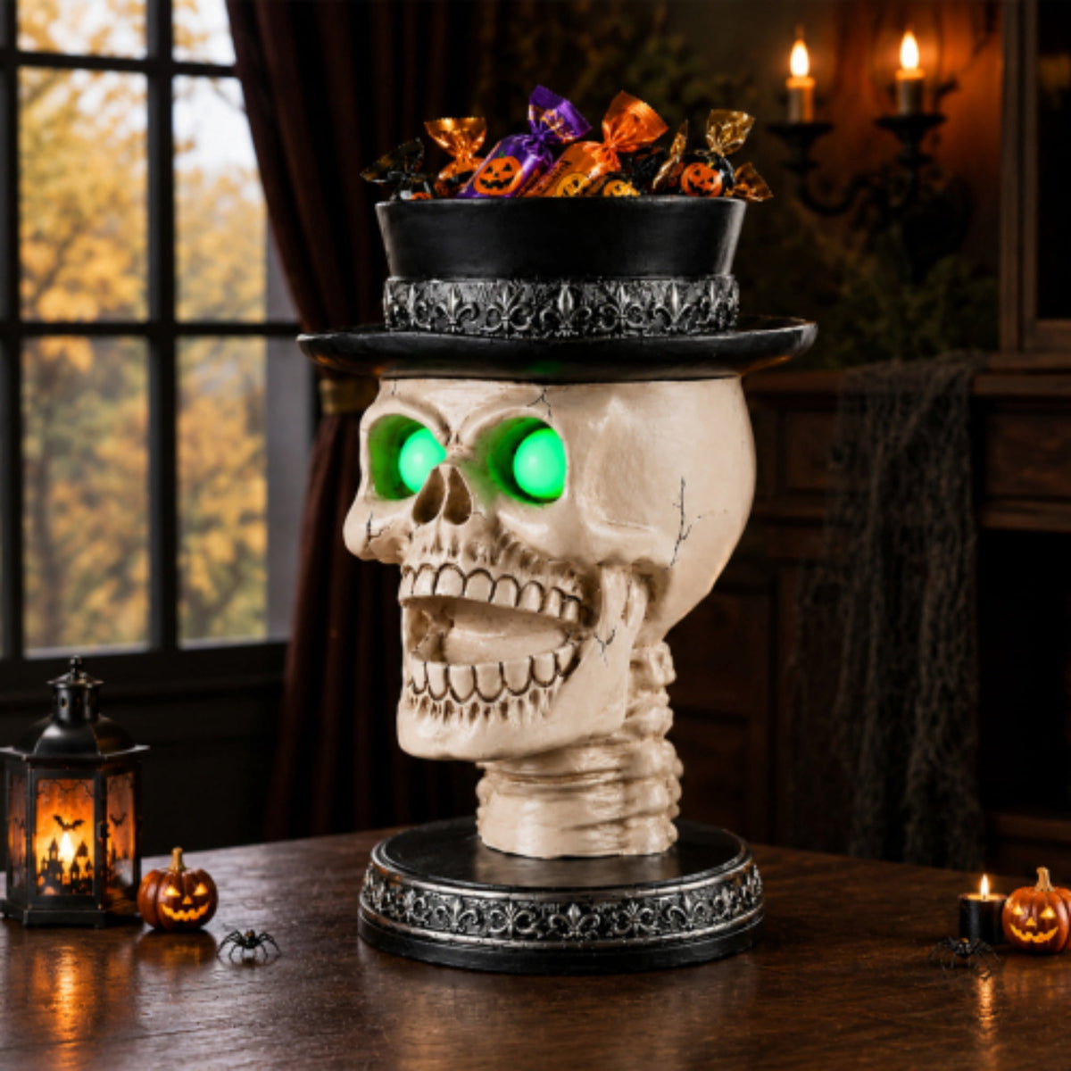 SpookHaven Halloween Jack‑O‑Lantern Pumpkin Mist Sprayer Figurine, LED Light‑Up Fogger with Witch Hat & Skull Decoration, Spooky Ornament for Tabletop Entryway Halloween Party Home Decor