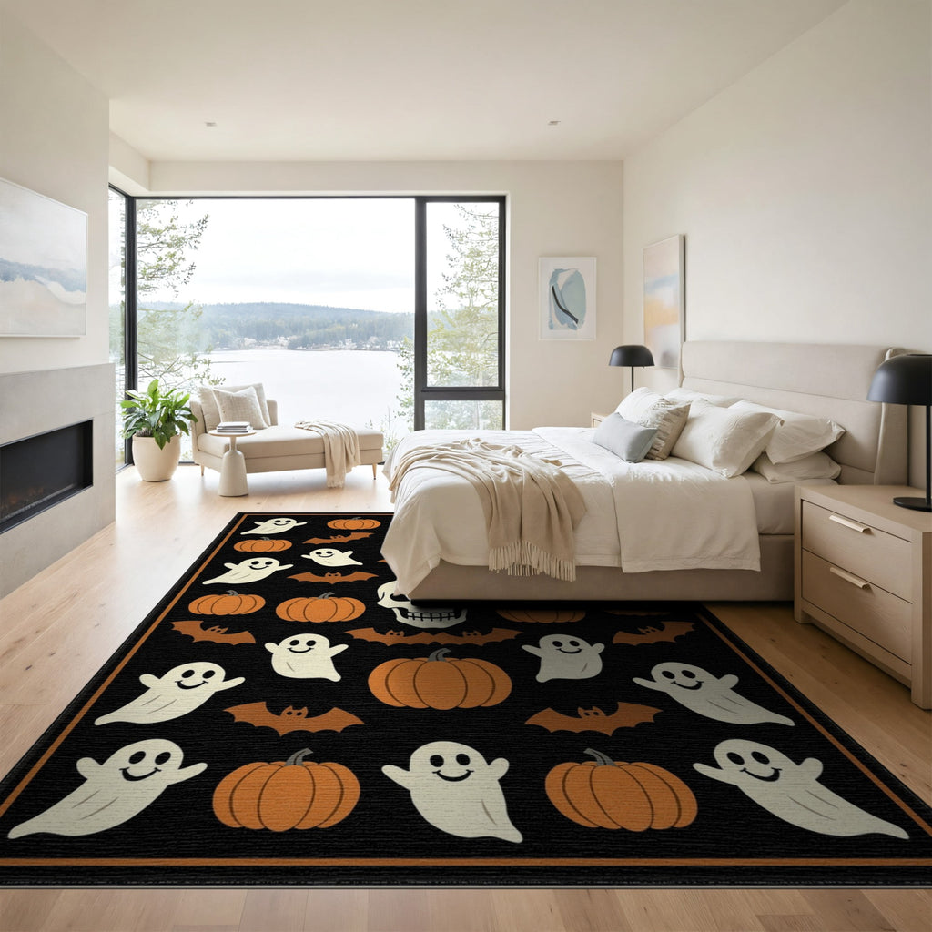 ODIKA 8'x10' Washable Area Rug Halloween Harvest Spirits Grinning Lantern Entrance Doormat Door for Living Room, Under Sectional, Family , Durable, Non-Slip