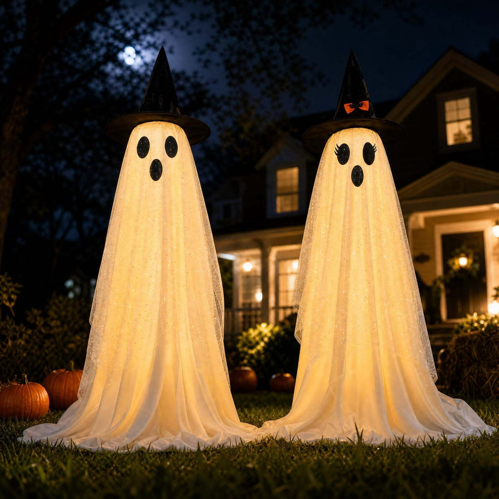 2 Pack Light Up Standing Tulle Ghost Halloween Decorations with Witch Hat, Warm LED Fairy Light Ghost Yard Stakes, Spooky Cute Ghost Outdoor Lawn Porch Mantel Home Halloween Party Decor