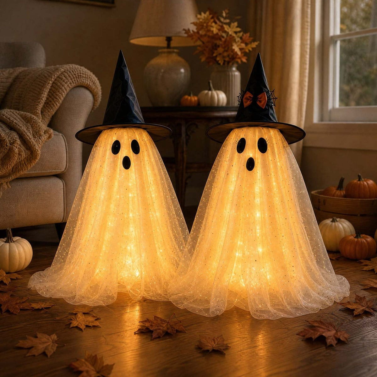 2 Pack Light Up Standing Tulle Ghost Halloween Decorations with Witch Hat, Warm LED Fairy Light Ghost Yard Stakes, Spooky Cute Ghost Outdoor Lawn Porch Mantel Home Halloween Party Decor