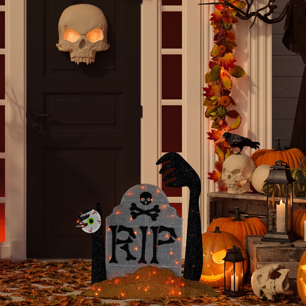 Lighted Tombstone Halloween Decoration - 36" - Black and Gray - Orange LED Lights