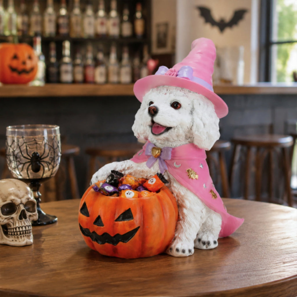 SpookHaven Halloween Jack‑O‑Lantern Pumpkin Mist Sprayer Figurine, LED Light‑Up Fogger with Witch Hat & Skull Decoration, Spooky Ornament for Tabletop Entryway Halloween Party Home Decor