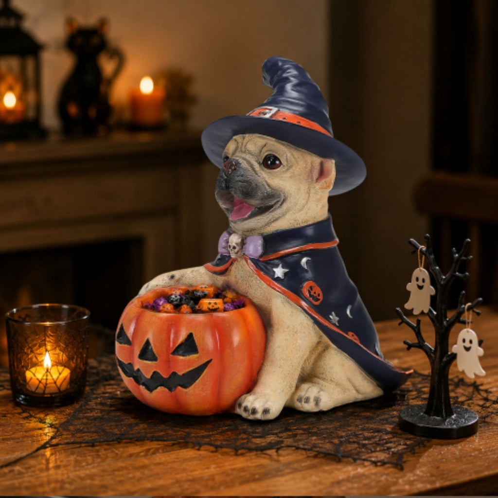 SpookHaven Halloween Jack‑O‑Lantern Pumpkin Mist Sprayer Figurine, LED Light‑Up Fogger with Witch Hat & Skull Decoration, Spooky Ornament for Tabletop Entryway Halloween Party Home Decor