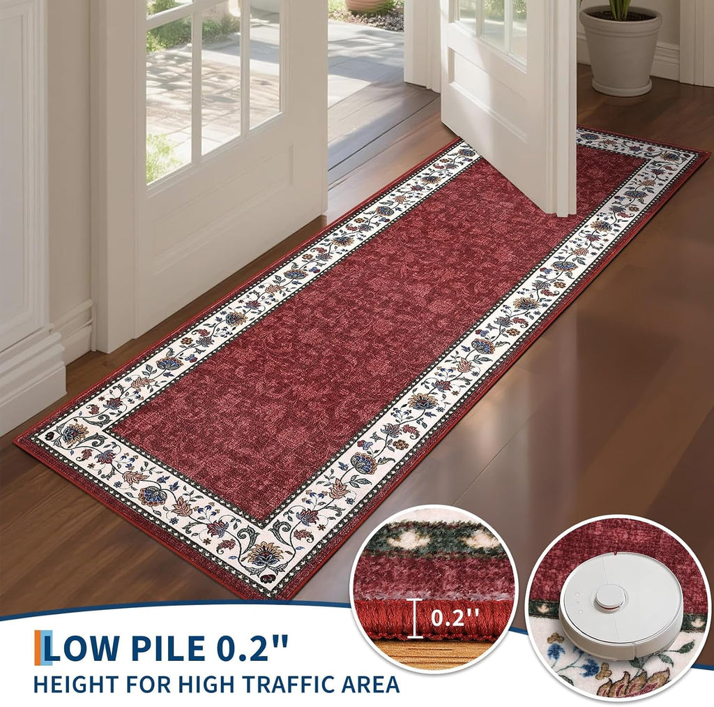 Large Living Room Rug 10x13 Non-Slip Floral Indoor Carpet Washable Floral Bordered Floor Mat Low Pile Non-Shedding Foldable Neutral Bedroom Rugs for Dining Room Nursery Home Office Red