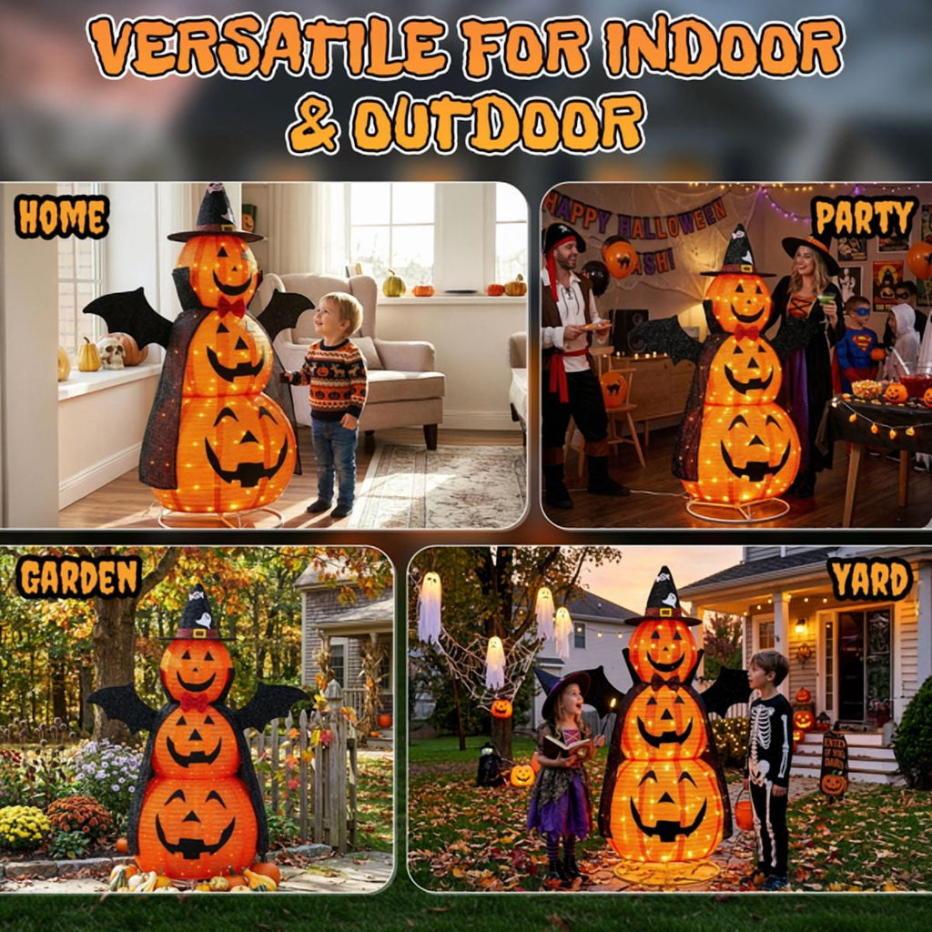 Alvantor 5 ft Lighted 3-Tier Pop-Up Pumpkin Halloween Decoration with Witch Hat, Cape, Bat Wings and 130 Warm White LEDs, Orange