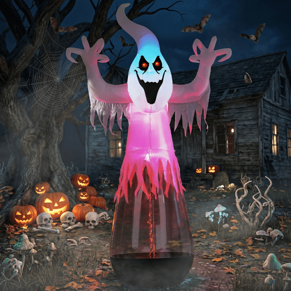 Alvantor 12 ft Clear PVC Ghost Halloween Inflatable with 2 LED Lights and Stage Light, Black and White