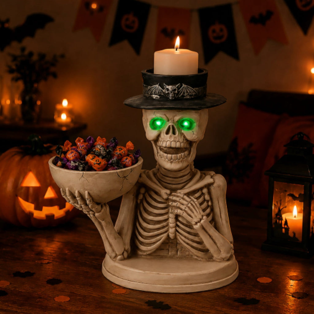 SpookHaven Halloween Jack‑O‑Lantern Pumpkin Mist Sprayer Figurine, LED Light‑Up Fogger with Witch Hat & Skull Decoration, Spooky Ornament for Tabletop Entryway Halloween Party Home Decor