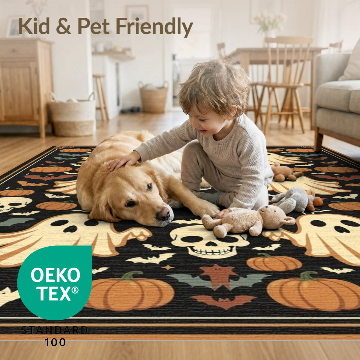 ODIKA Retro Halloween Welcome Featuring Ghosts Pumpkins Bats Skulls Non-Slip Flatwoven for Living Room, Under Sectional, Family