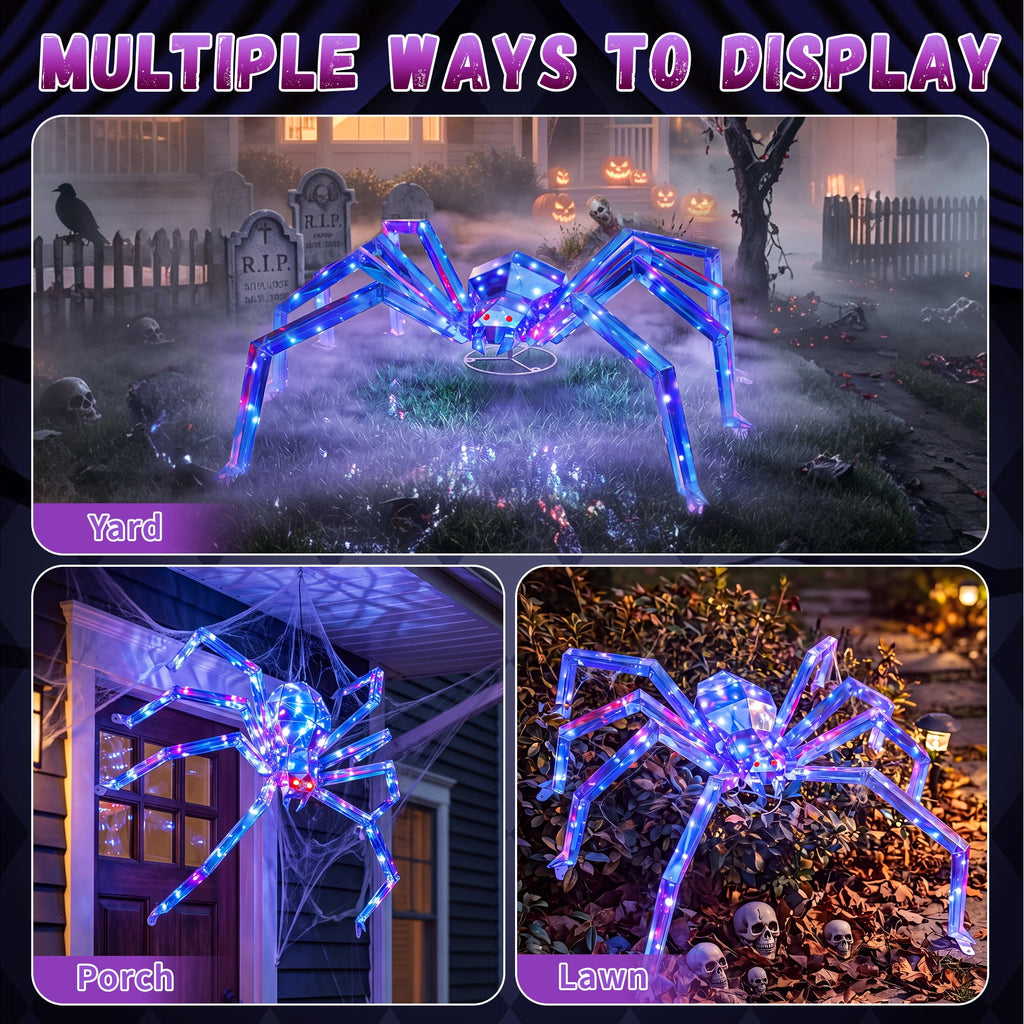 47-Inch Prismatic Iridescent Spider Halloween Decoration with 150 LED Lights, Red Glowing Eyes, Metal Base and Ground Stakes