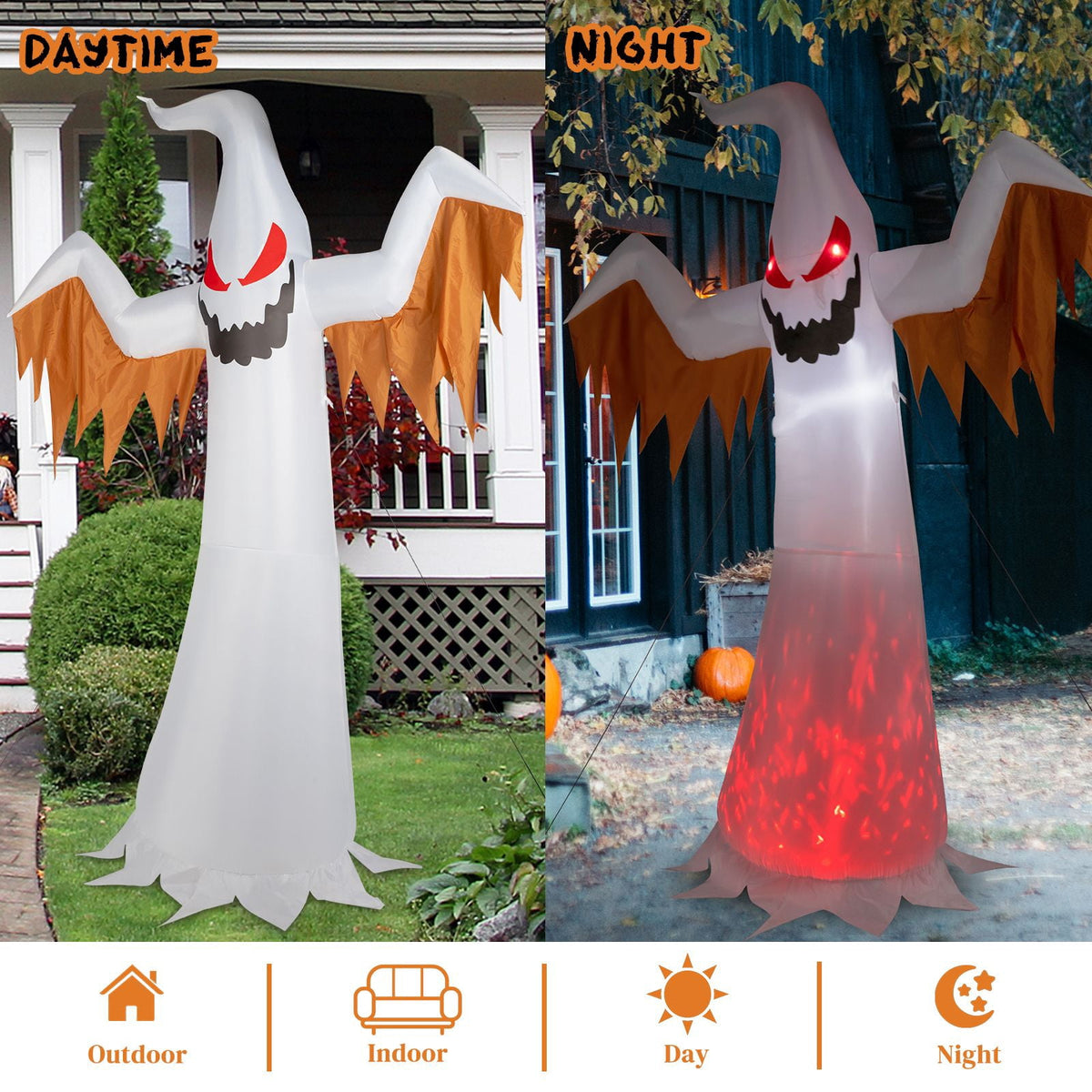 12FT Inflatable Scary Ghost with Flames and Flashing Red Eyes LED Lights for Halloween Yard Decor