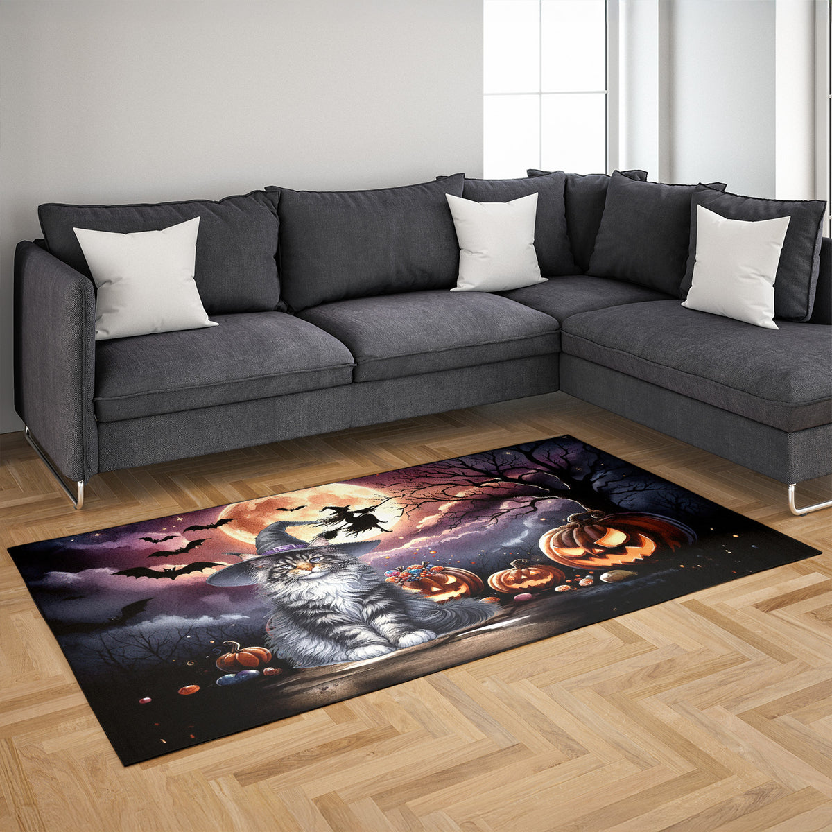 Spooky Halloween Night Witch Maine Coon Glowing Pumpkins Indoor Rug Cat Lover Kitten Owner Gifts Carpet Living Bed Room Sofa Home Decor - 12015