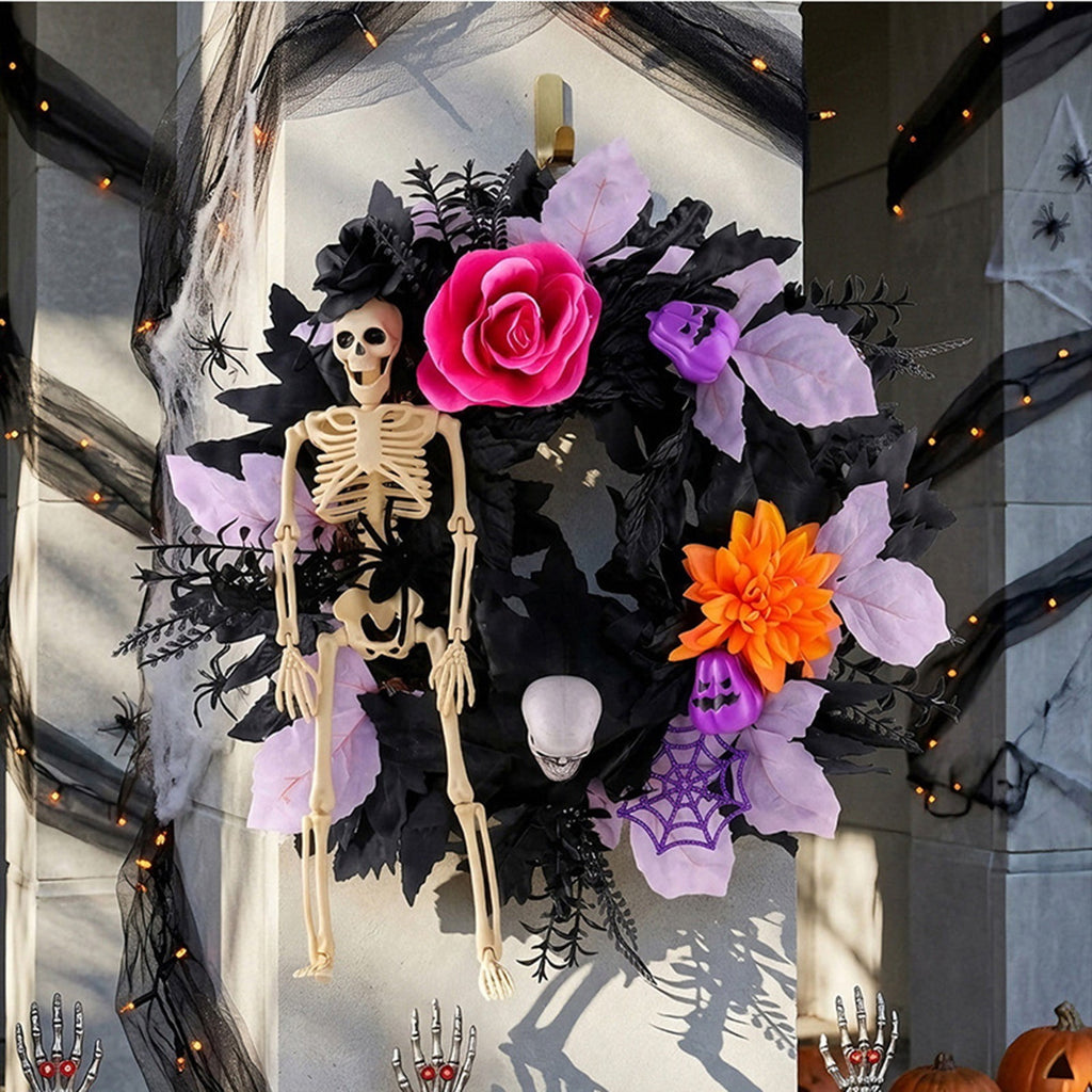 BINGLI 18 Inch Halloween Skeleton Wreath for Front Door, Lighted Gothic Dark Aesthetic Door Wreath with Autumn Leaves Indoor Decorations Centerpiece Party Holiday Wall Home Decor