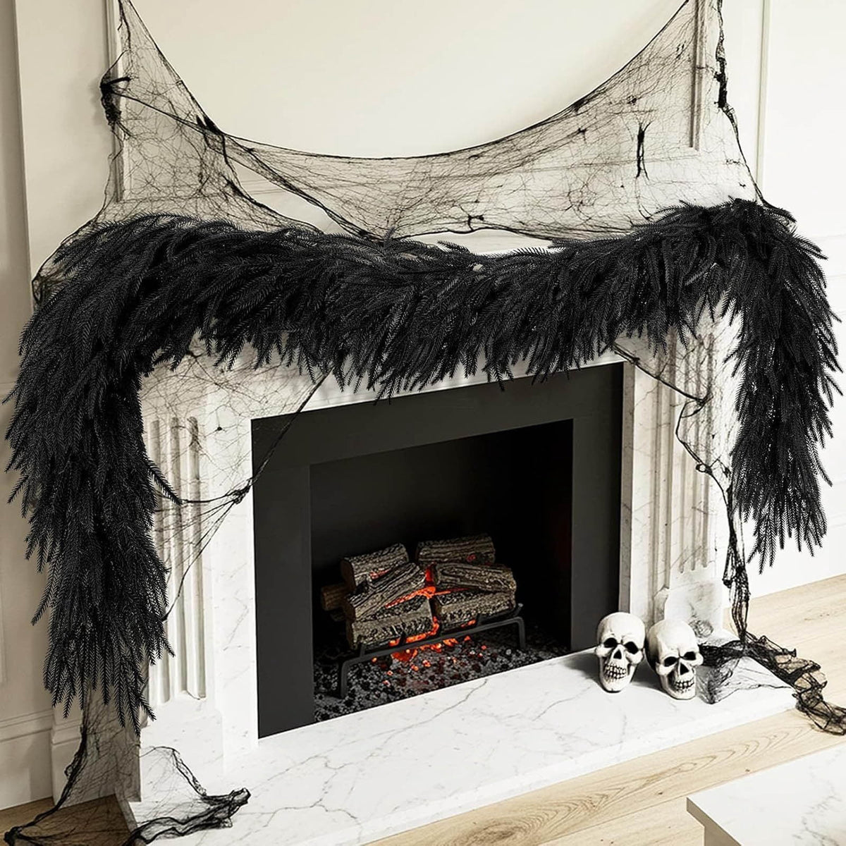 SDJMa 8.86ft Black Artificial Norfolk Pine Garland, Thickened Halloween Garland for Indoor Outdoor Fireplace Mantle Table Stairs Decor