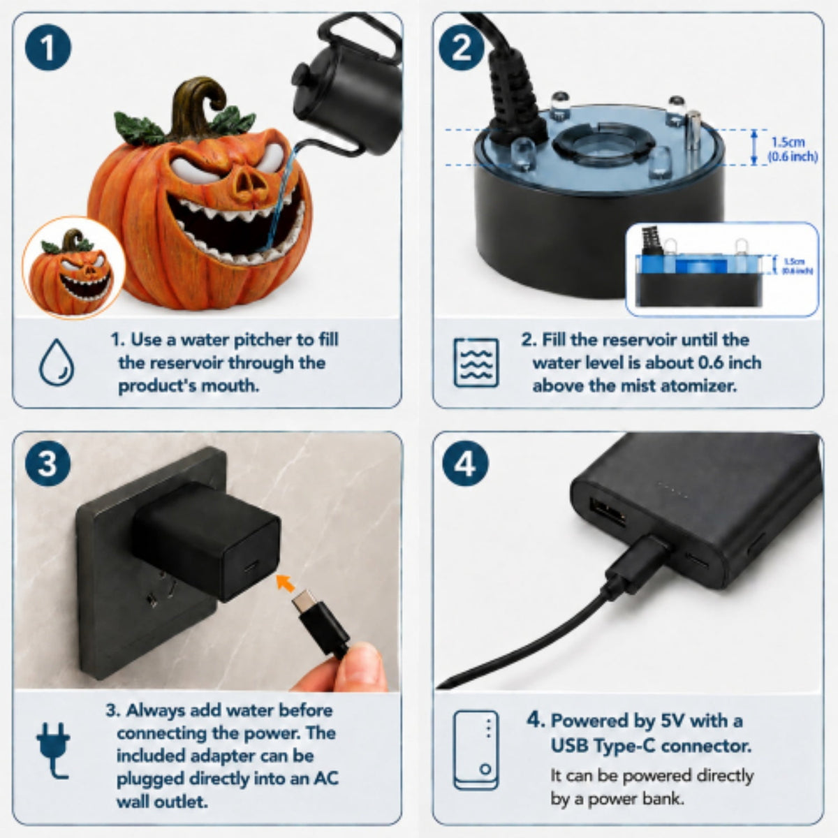 SpookHaven Halloween Jack‑O‑Lantern Pumpkin Mist Sprayer Figurine, LED Light‑Up Fogger with Witch Hat & Skull Decoration, Spooky Ornament for Tabletop Entryway Halloween Party Home Decor