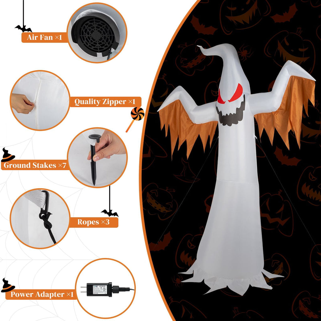 12FT Inflatable Scary Ghost with Flames and Flashing Red Eyes LED Lights for Halloween Yard Decor